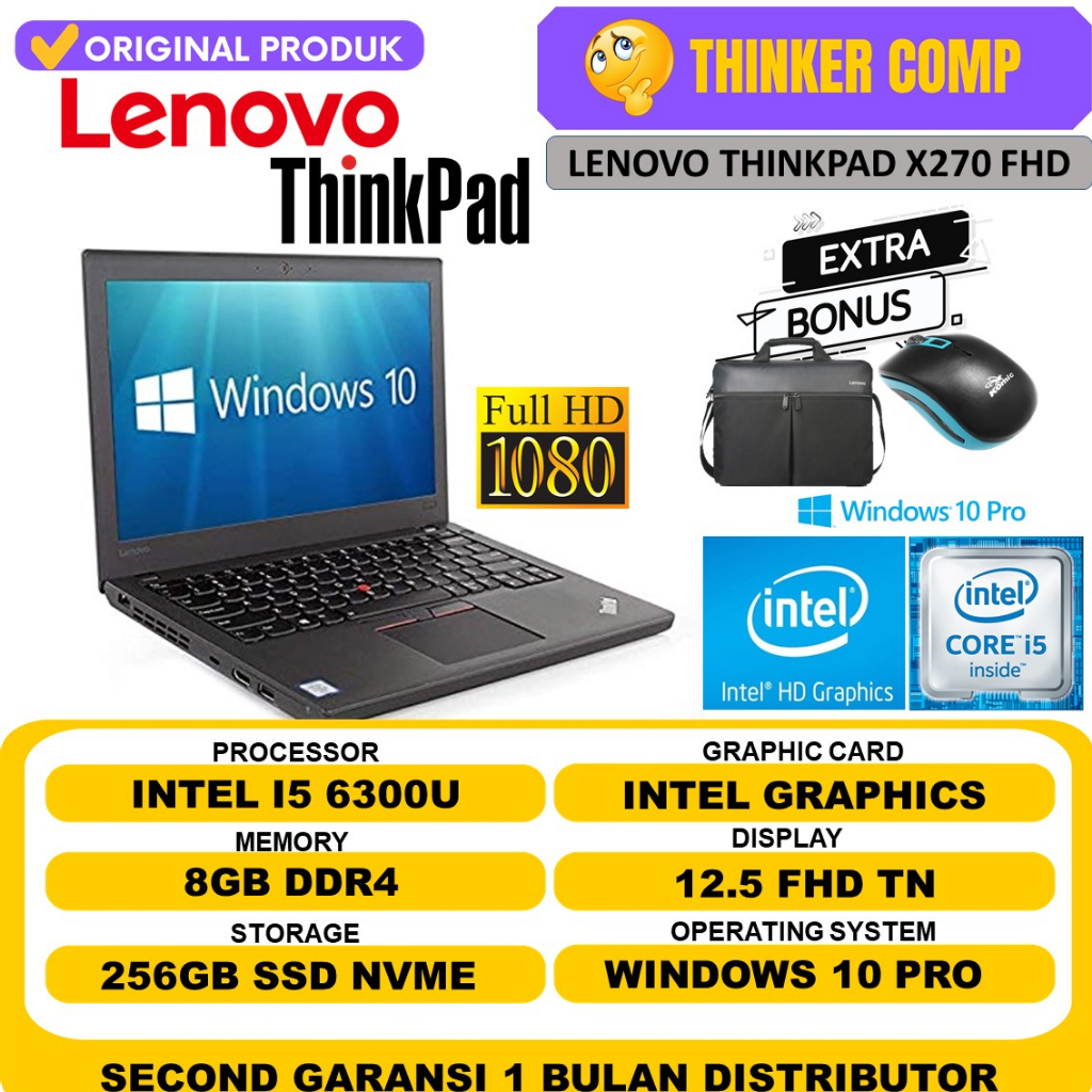 LAPTOP BISNIS MURAH THINKPAD X260 / X270 / X280 INTEL I5 8350U 8GB 512GB SSD FHD WIN10 PRO