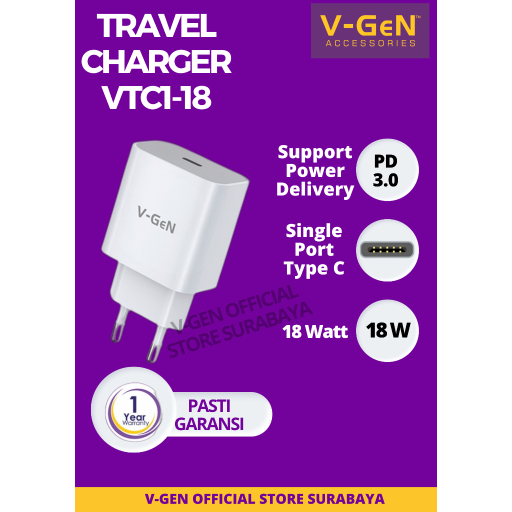 Adaptor Charger V-GeN VTC1-18 Fast Charging Type C QC 3.0 18Watt VGEN