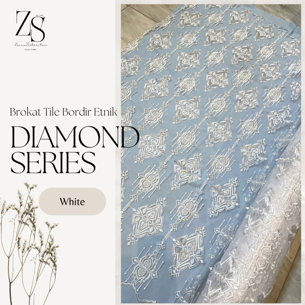 Bahan Kain Brokat Brukat Tile Bordir Etnik Mewah Diamond Series Warna Putih Bersih Clear White