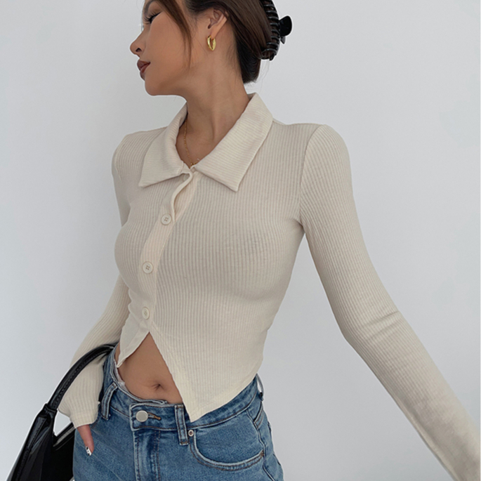 【LIVIAHOME】Women's Asymmetrical ribbed collared Top 7147 (S-L)