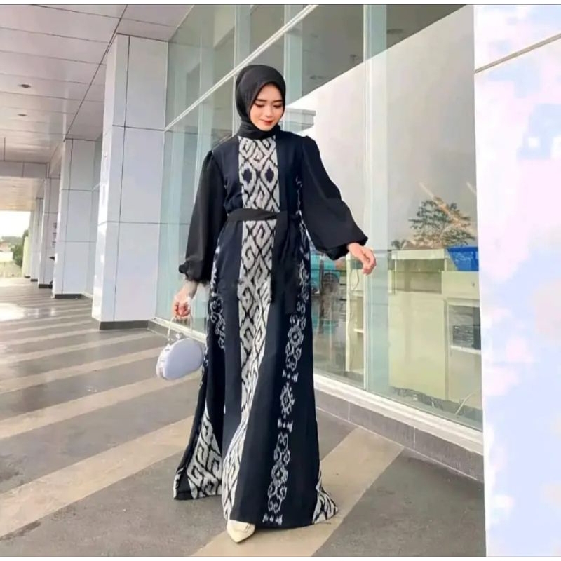 Dress raya tenun black lengan balon - dress tenun - gamis tenun