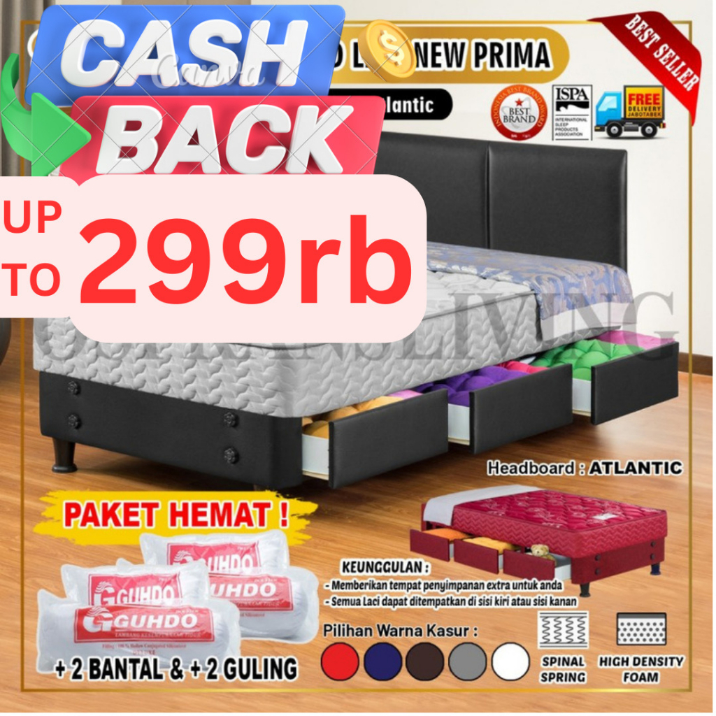 Guhdo Spring Bed 3 Laci New Prima Drawer Bed HB Atlantic FULL SET / TANPA SANDARAN 90x200 / 100x200 / 120x200 / 140x200 cm 90 X 200 100 X 200 120 X 200 140 X 200 SINGLE DOUBLE SINGEL DOBEL SPRING BED SET FULLSET FULL SET NEWPRIMA