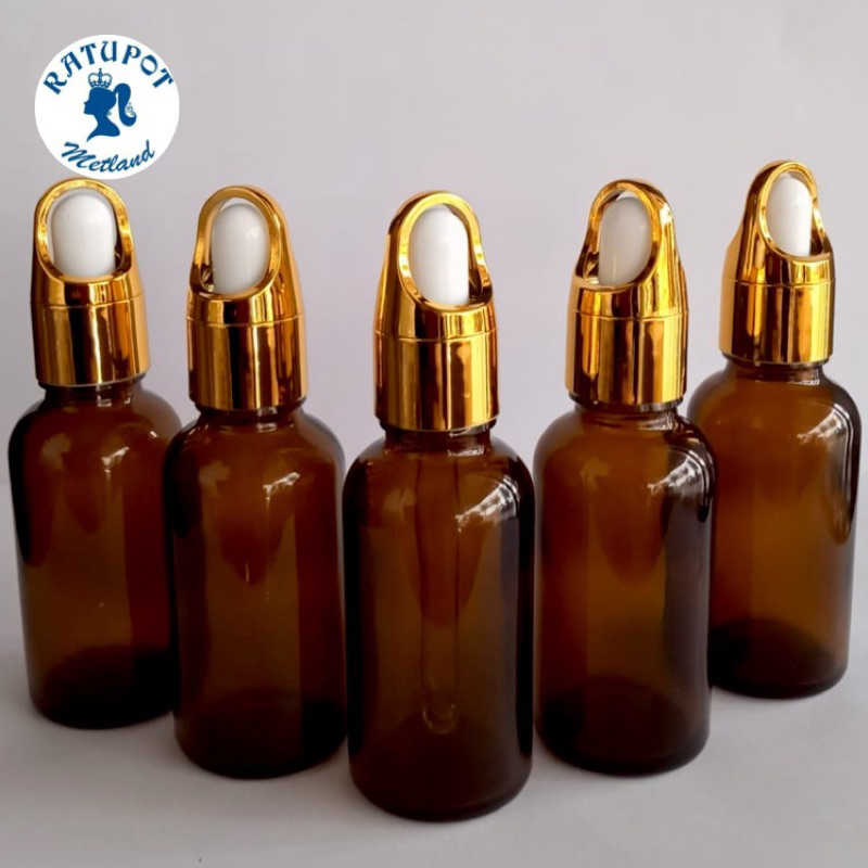 Botol 30 ml kaca coklat tebal pipet kaca gold ranjang