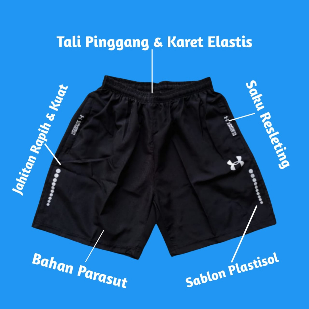 Celana Pendek Parasut Olahraga Saku Resleting Pria Wanita Running Gym Sport Kolor Volly Futsal Bulu Tangkis Jogging Bahan Berkulitas-UA Bintik