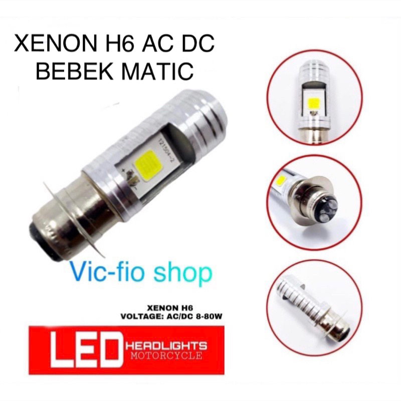 Bohlam lampu depan H6 AC DC (1pcs) Led 12 Volt Kaki 1 Terang 2 sisi impor, Bholam depan ac dc motor, Lampu Utama Motor mio, beat, supra x 125, jupiter z, mx 135, fino DLL