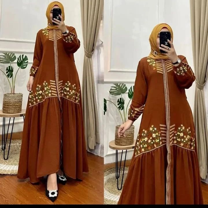 Baju Gamis Wanita Kekinian 2023 Bunga Dress Gamis Maxy Crinkle Bordir Gaun Panjang Mewah Muslim Wanita Pakaian Muslim Wanita Dress Perempuan Terbaru Gamis Bordir