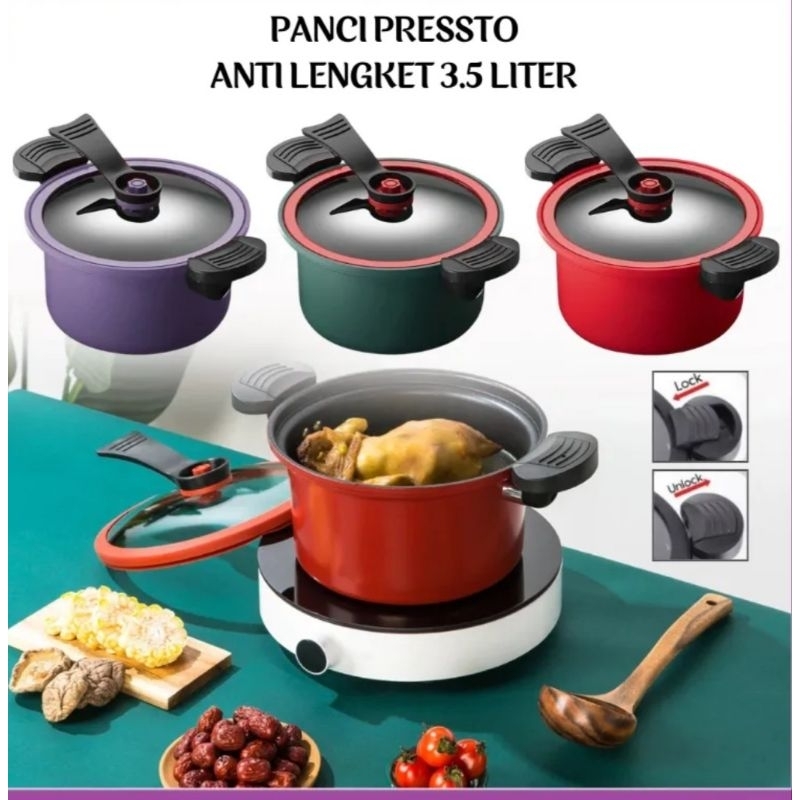 Panci Presto 24 cm Anti Lengket 3.5 Liter Low Pressure Cooker Micro Pot Teflon Pelunak Daging Non-Stick 3.5L Multifungsi Bisa Untuk Kado Pernikahan