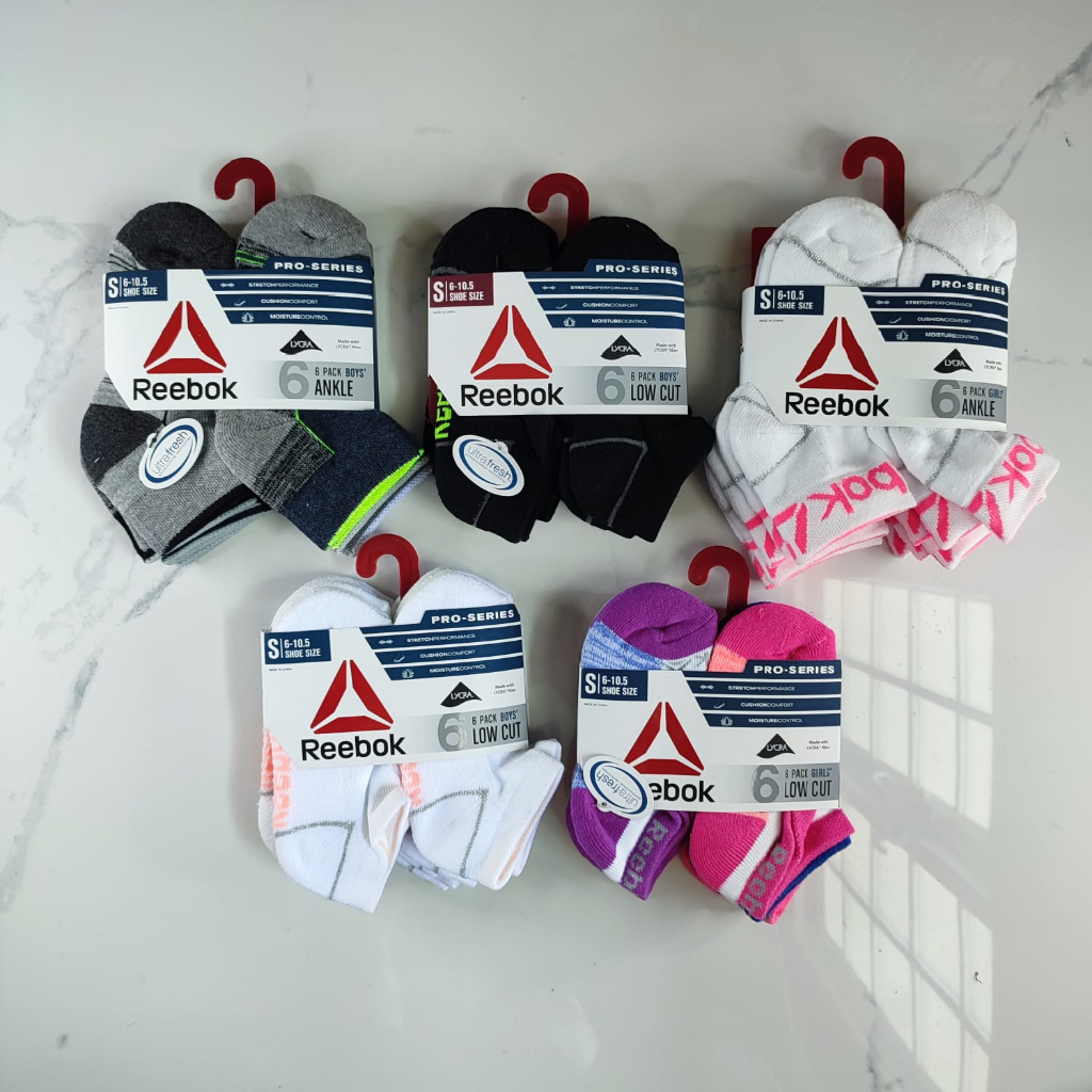 Kaos Kaki Reebok Anak Laki-Laki dan Perempuan, 6 Pasang Socks Lowcut Original untuk Olahraga