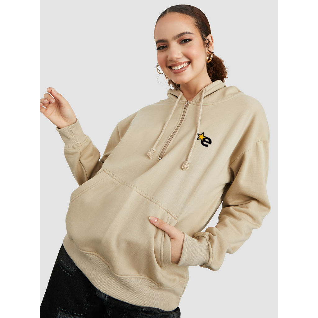 Jaket Halfzip Hoodie Erigo Logo Star / Hoodie Zip Pria Wanita Warna Beige / Sweater Jumper Pria Distro