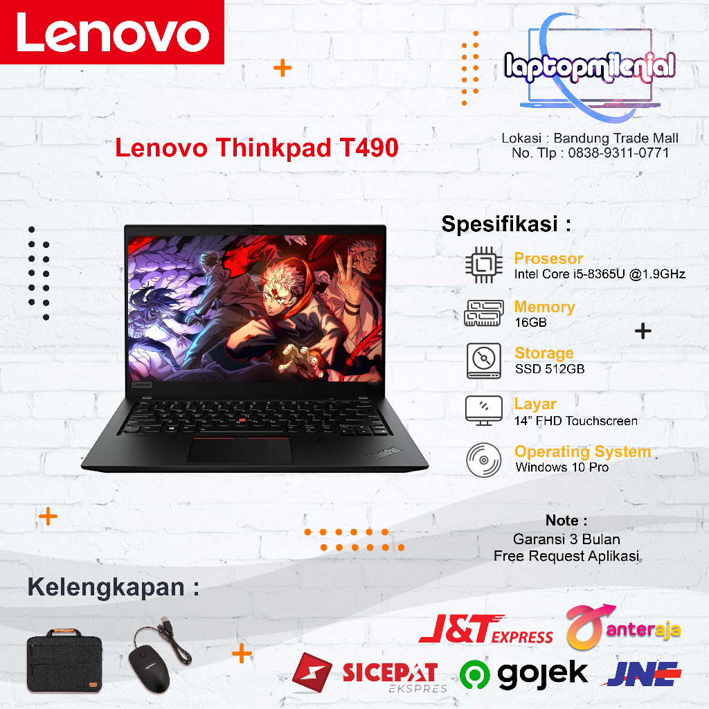 Laptop Touchscreen Lenovo Thinkpad T490 Intel Core i5-8365U RAM 8GB SSD 256GB 512GB 14&quot; FHD Win 10 Bergaransi Berkualitas