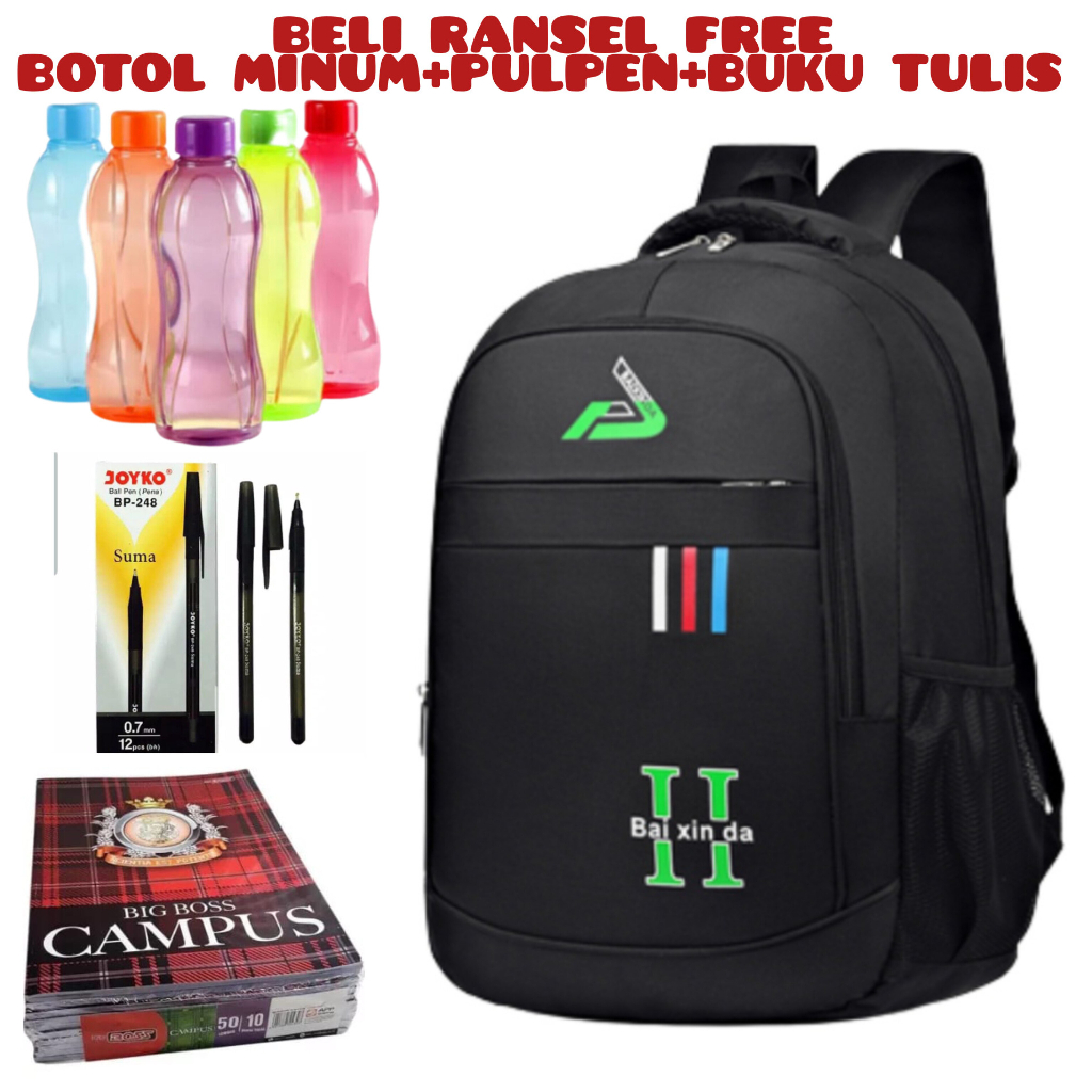 JS - Beli 1 Dapat 4-Tas Pria ZB RDN 069 Distro Raindoz Bandung Ransel Punggung Backpack Cowok Keren Sek BRAN NB-Tp BJ Beli Ransel Free Botol Minum+Pulpen+Buku Tulis