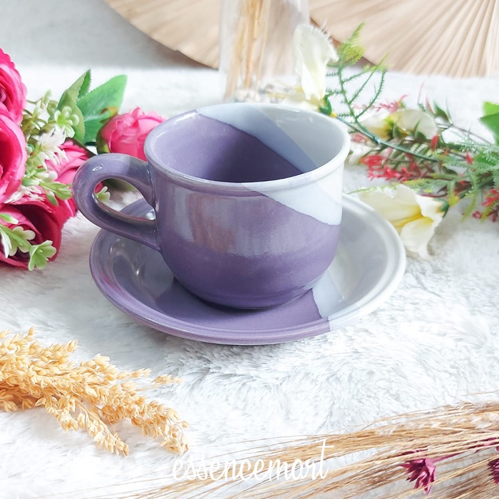 Set Cangkir Lepek Keramik Two Tone Gelas Cangkir 2 Warna Unik Cantik