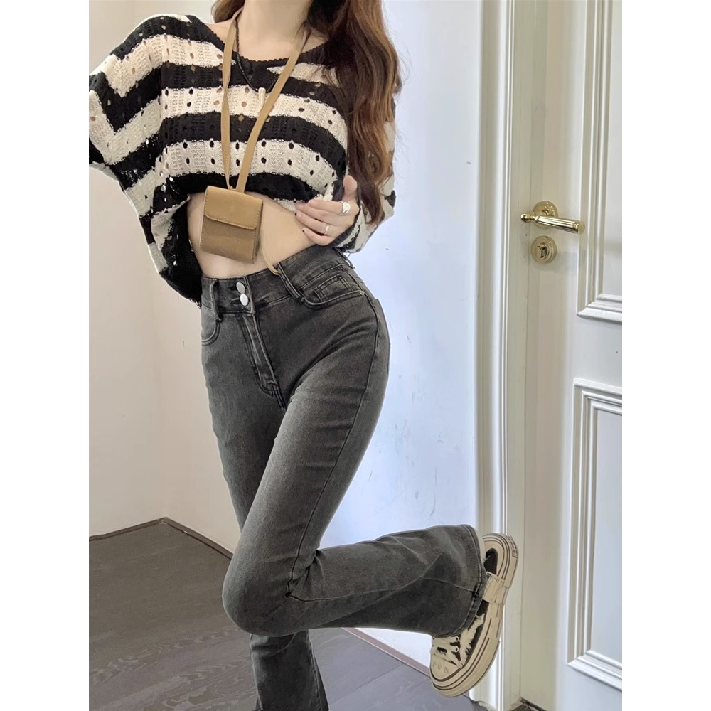 Celana Cutbray Jeans  Wanita Stretch Highwaist Import Hitam / Abu abu