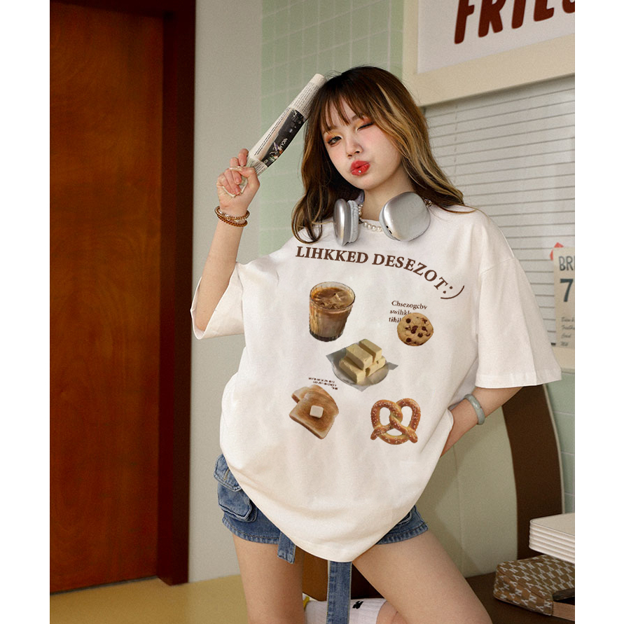 baju kaus oversize wanita lengan pendek korean style motif graffiti print T-shirt import kaos cream