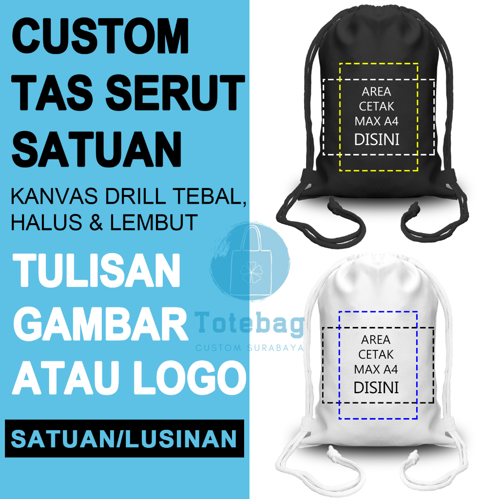 Tas Serut Custom Gambar Tas Gendong Hitam / Putih bahan Kanvas bukan Blacu Bisa Custom Nama Gambar L