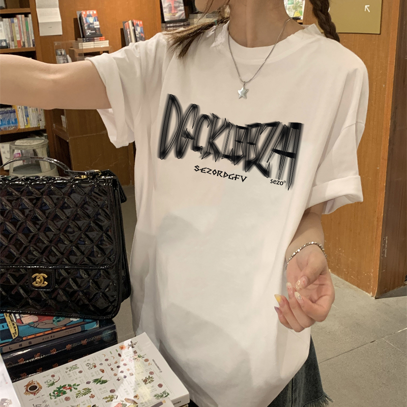 Print T-shirt Kaos Lengan Pendek Vintage English Design Printing Oversize Atasan Wanita Korean Style