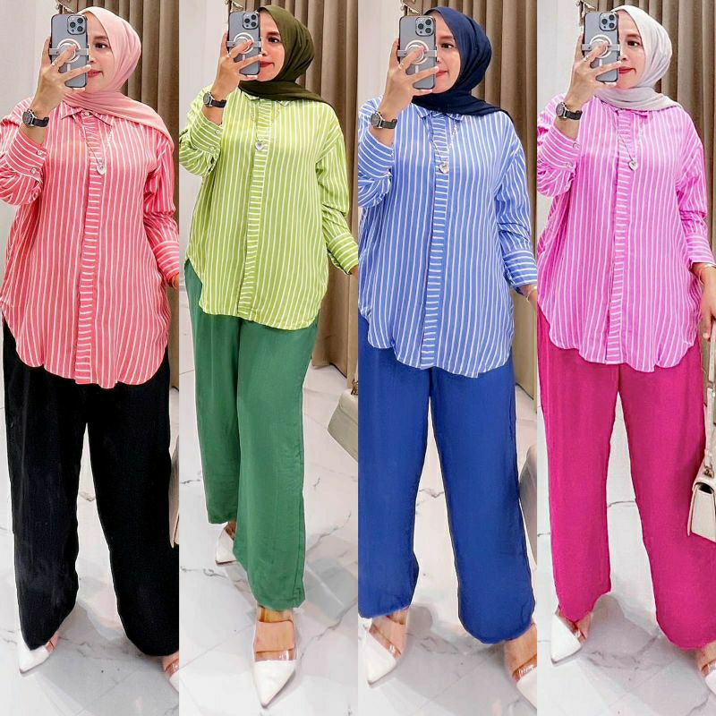 Fresia Set, SETELAN WANITA JUMBO CANTIK MODIS FIT XXL LD 120 BAHAN TOP RAYON PREMIUM PANTS POLO LINEN KANCING AKTIF TERMURAH OOTD KEKINIAN TERLARIS