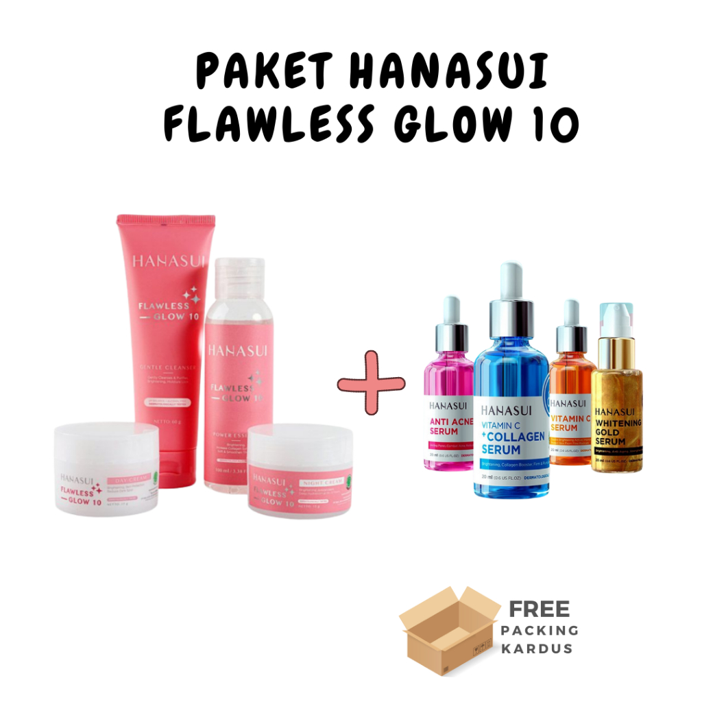 Skincare Paket Glowing Hanasui Flawless Glow / Ecer Cream siang malam toner sabun