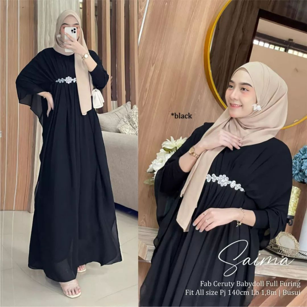 Baju Muslim Wanita/ Pakaian Wanita Saimah Kaftan Terbaru Maryam Mamanda Saleha Matt Ceruty Babydoll full furing Aplikasi Renda All Size fit M XL LD 120cm Kaftan Jumbo