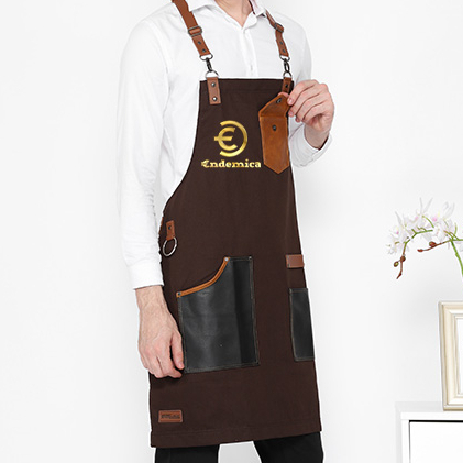 Apron Full Cotton &amp; pu kulit pocket Y strep synthetic leather Warna Khaki/Coffee