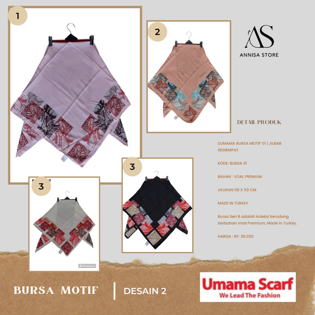 HIJAB SEGI EMPAT UMAMA BURSA MOTIF 02 / UMAMA SCRAF JILBAB SEGIEMPAT MODEL BURSA MOTIF / UMAMA SQUAR