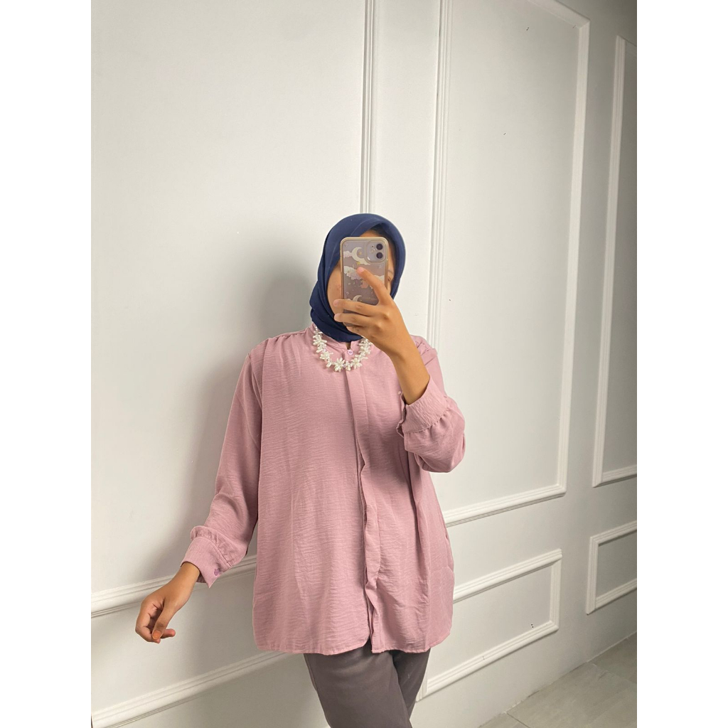 Kemeja Wanita Bahan  Crinkle Airflow Alina Blouse Atasan Wanita Full Kancing Lengan Panjang Fashion Remaja Dewasa Kekinian