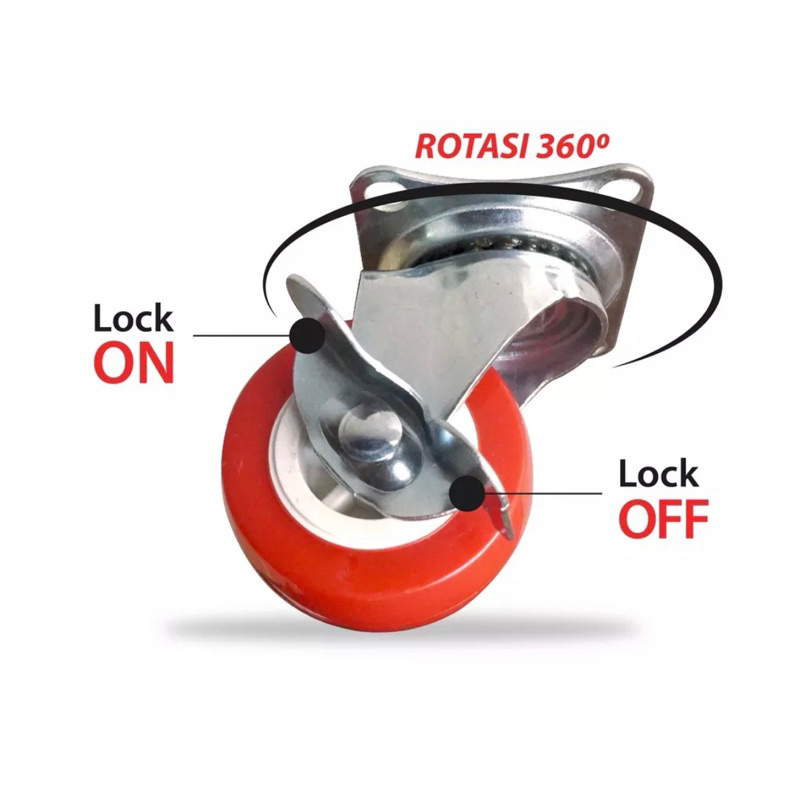 Roda caster estalase pu 2” rem hidup 1pcs merah