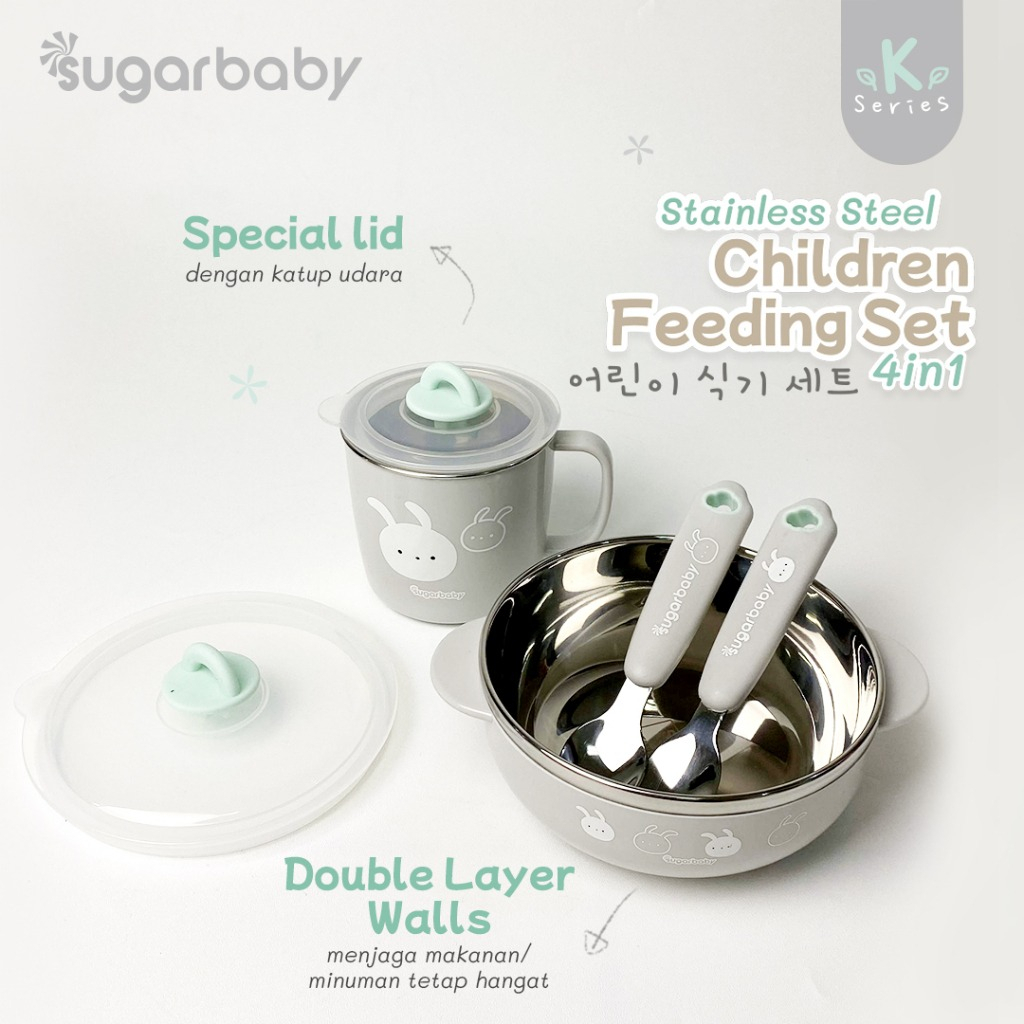 Sugar Baby Stainless Steel Children Feeding Set 4in1 (K-Series)/Set Alat Makan Bayi/Perlengkapan MPASI Bayi Tempat Makan Bayi fedding Set Bayi Peralatan Mpasi Tempat minum bayi tempat Minum Anak Lunch Box Bowl Children And fork Tempat Makan Bayi Stainless