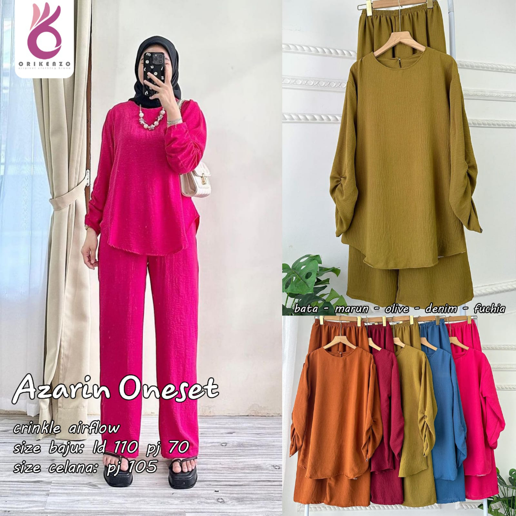 Azarin One Set Setelan Wanita Muslim Crinkle Airflow Original Produk By Orikenzo