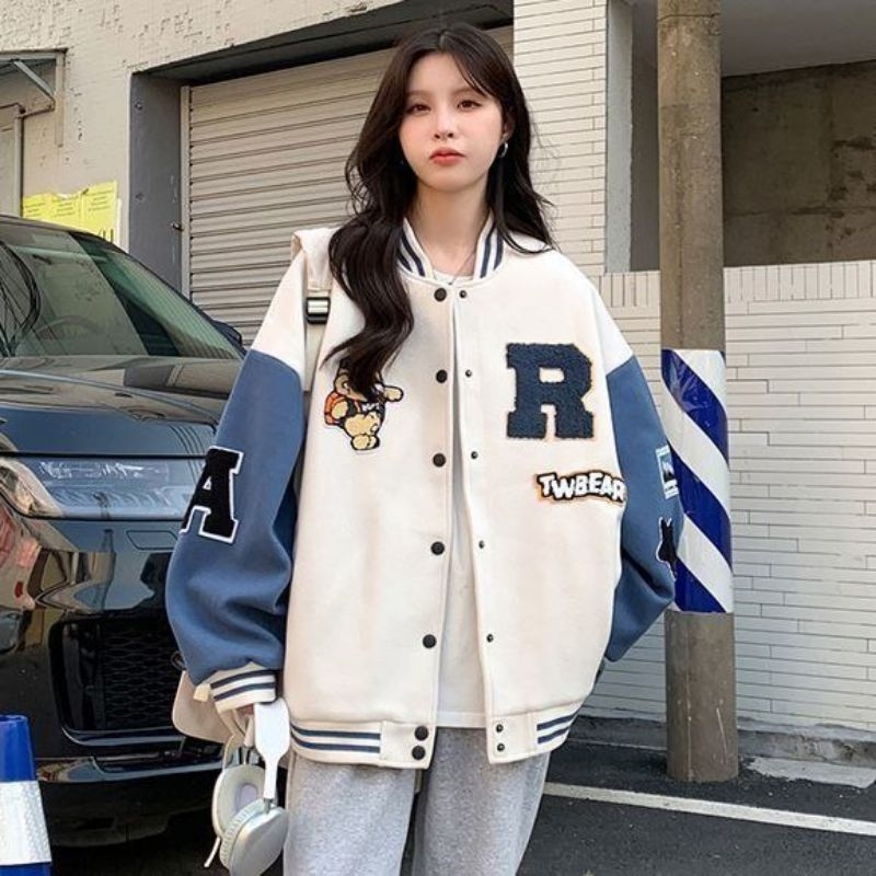 R TW Bear Jaket baseball / Atasan wanita 2023 switer hoodie cewek viral sweter hoodie wanita korea s