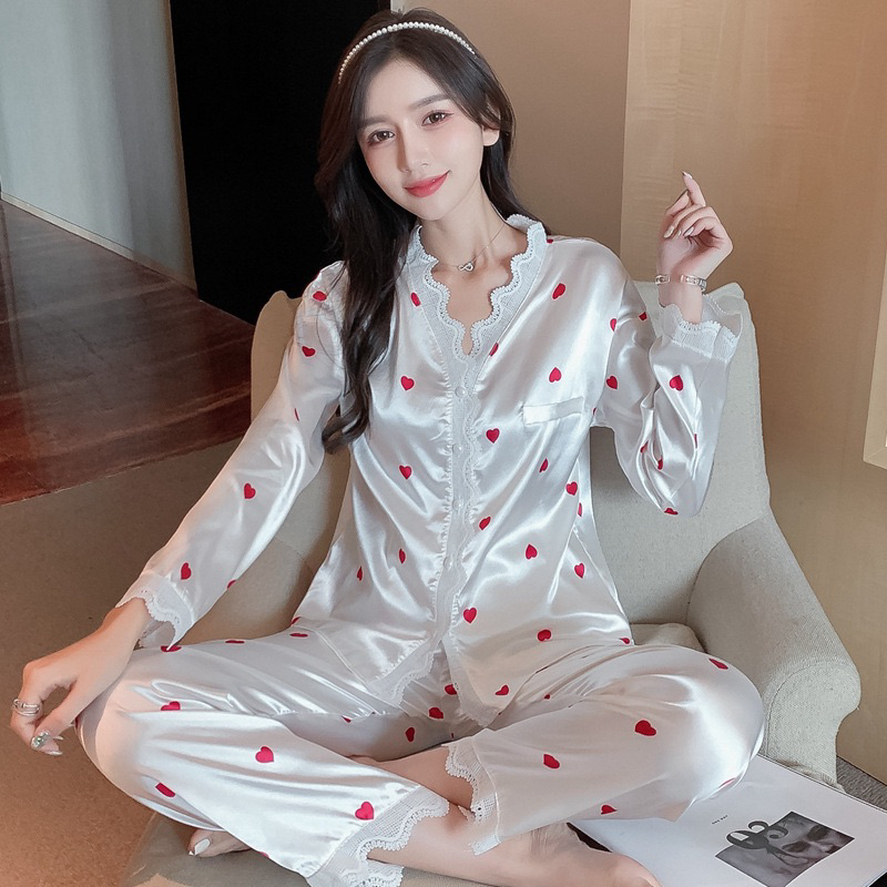 006 Luxury Piyama Satin Lengan Panjang Celana Panjang Kerah Bunga Kancing Hidup Diamond Bahan Satin High Quality Piyama Import/ Baju Tidur Import / Baju Tidur Murah / Piyama Set / piyama wanita /Piyama Satin/Baju Tidur Set