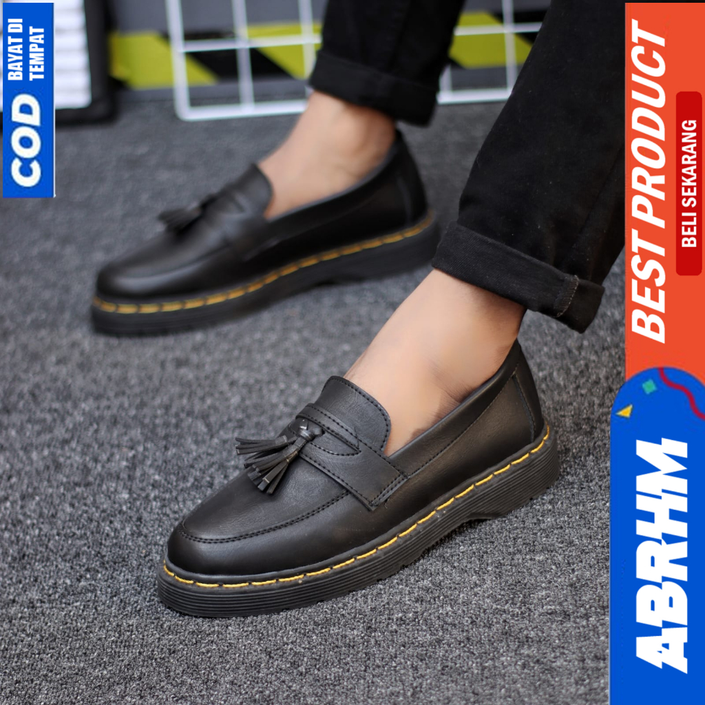 ABRHM Sepatu Loafers Formal Pantofel Docmart Casual Kerja Hitam Pria