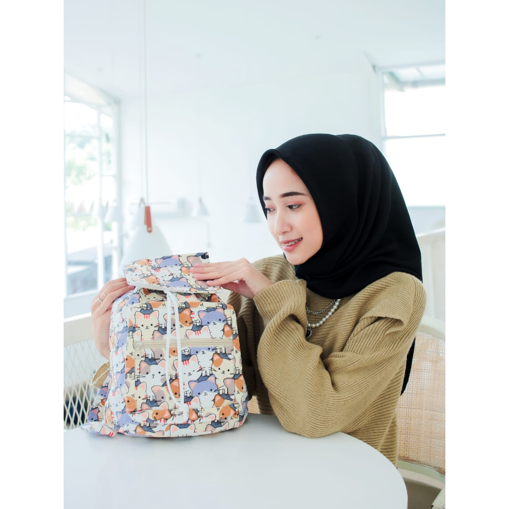 TAS RANSEL SERUT FACE CATS // taskanvasbdg - tas kanvas ransel sekolah wanita - tas gendong motif kucing cewek lucu kekinian