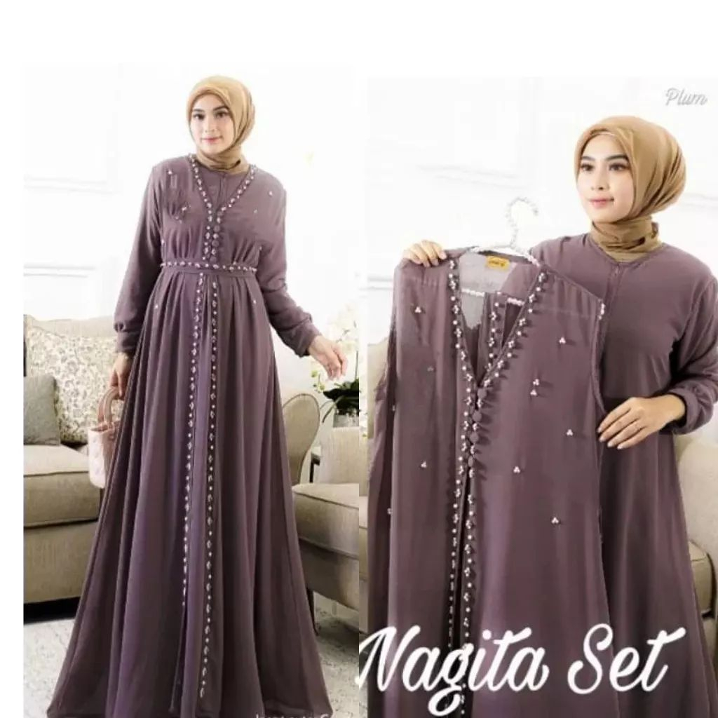 GAMIS WANITA SET NAGITA DRESS BAHAN CERUTY APLIKASI MUTIARA LD 100 - 120 CM PB 140 CM GAMIS WANITA TERBARU 2023 / DRESS CERUTY BABYDOLL PREMIUM / MAXY DRESS WANITA JUMBO / PAKAIAN MUSLIM WANITA