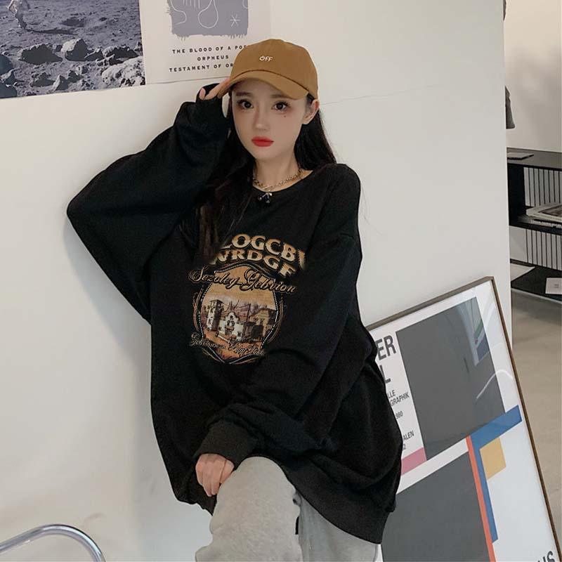 Kaos Stasan Wanita Oversize Couple Sweater American Vintage Cartoon Graphic Priting Top Kekinian Casual Sweater