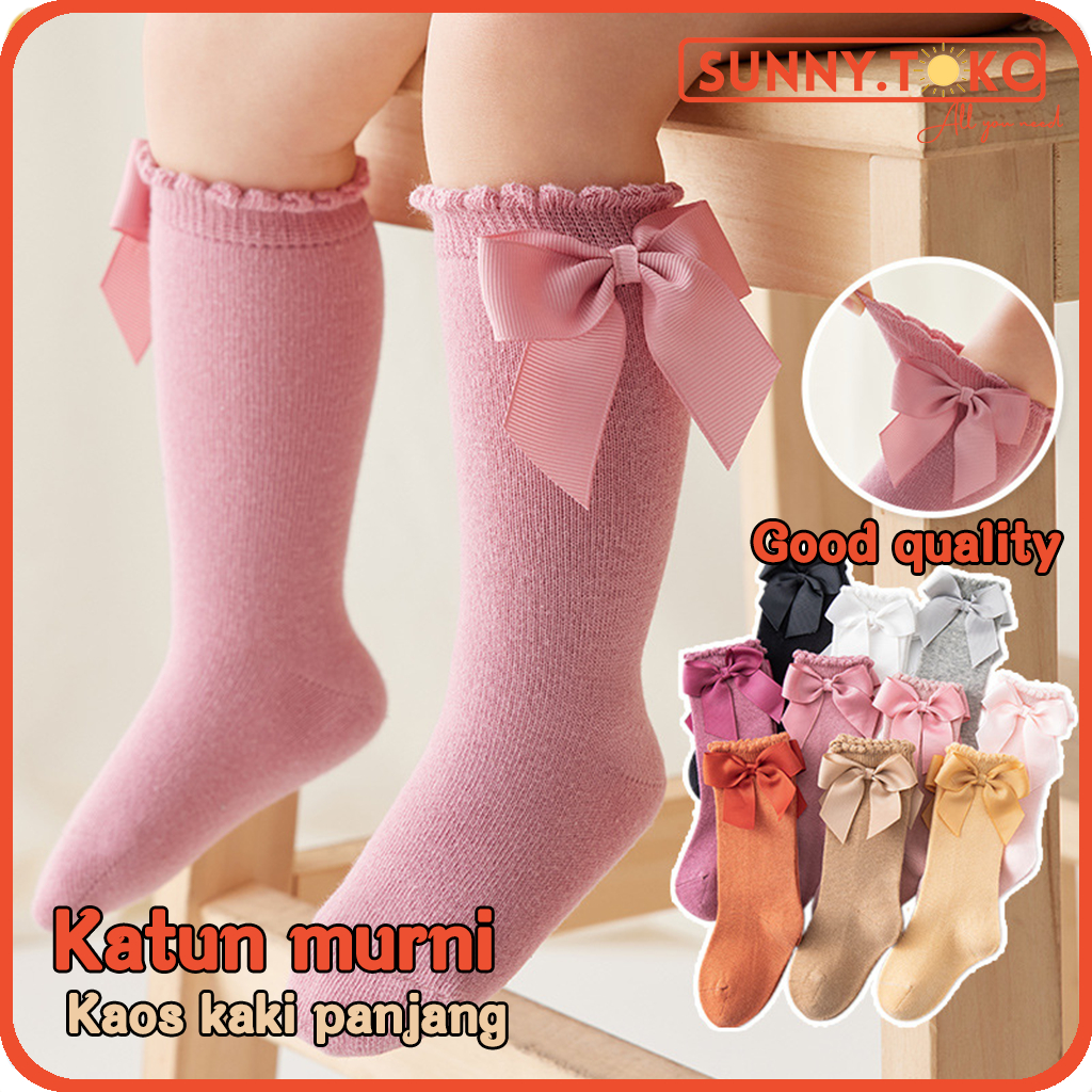 （0-7）Katun murni Kaos kaki panjang good quality selutut dengan aksen pita Kaos Kaki Panjang anak bayi Kaus Kaki anak bayi perempuan Baby Socks cocok untuk anak perempuan