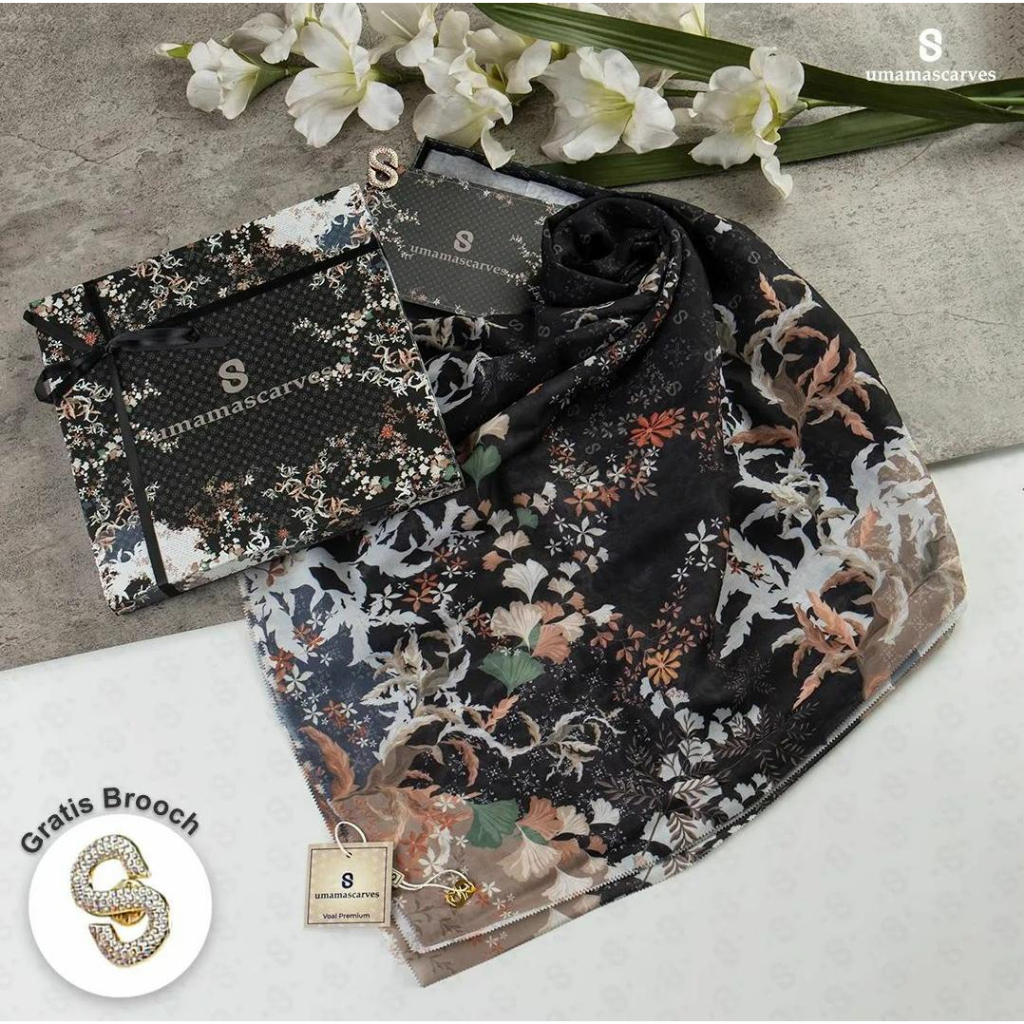 BLACK EDITION UMAMA SCARVES MOTIF TERBARU FREE BROOCH VOAL SEGIEMPAT FREE BOX