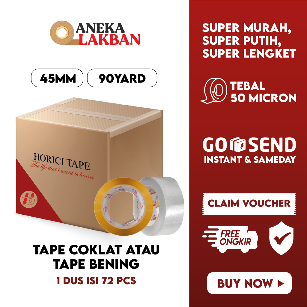 

[GROSIR 1 DUS ISI 72 PCS] HORICI 1 DUS LAKBAN 2" INCH 45MM x 90 Yard ISOLASI BENING COKLAT