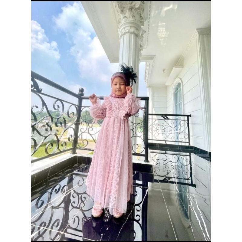 Gamis Anak Perempuan Bahan Brukat Tile Model Rempel Dada V Mix Mutiara Putih Umur 3-15 Tahun Terbaru 2023