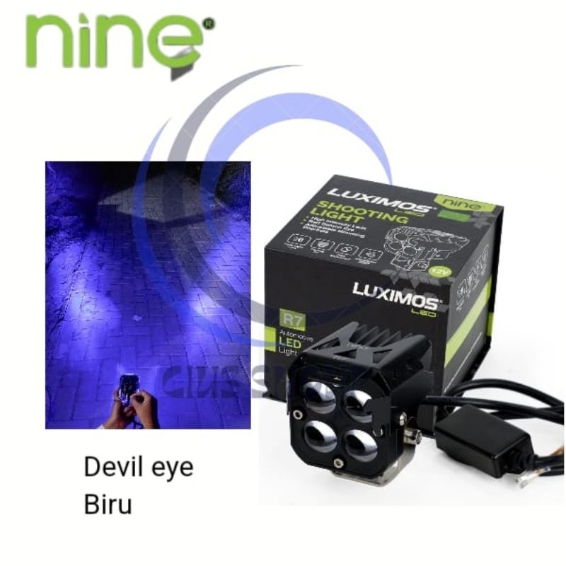 NINE LUXIMOS SHOOTING LIGHT R7 DEVIL EYE 4 MATA LED 58 WATT 2 WARNA PUTIH KUNING LAMPU SOROT MOTOR DAN MOBIL