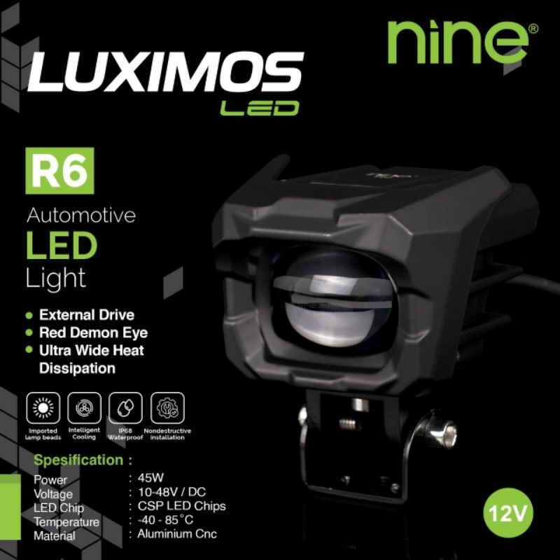 NINE LUXIMOS SHOOTING LIGHT R6 DEVIL EYE 45 WATT 2 WARNA PUTIH KUNING LAMPU SOROT MOTOR DAN MOBIL