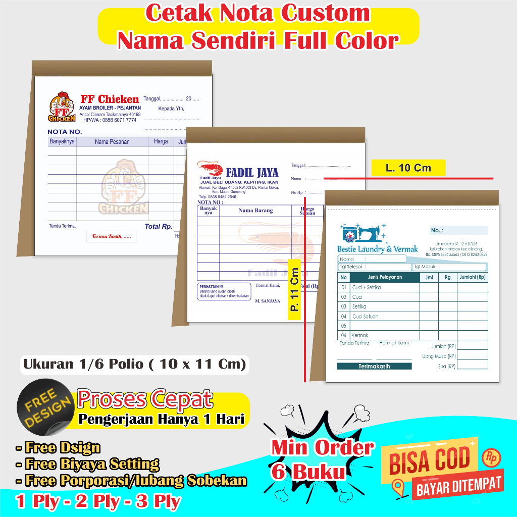 

Cetak nota Custom nama toko sendiri full color ukuran 1/6 polio 10 x 11 Cm 1/6 polio 1 ply 2 ply 3 Ply