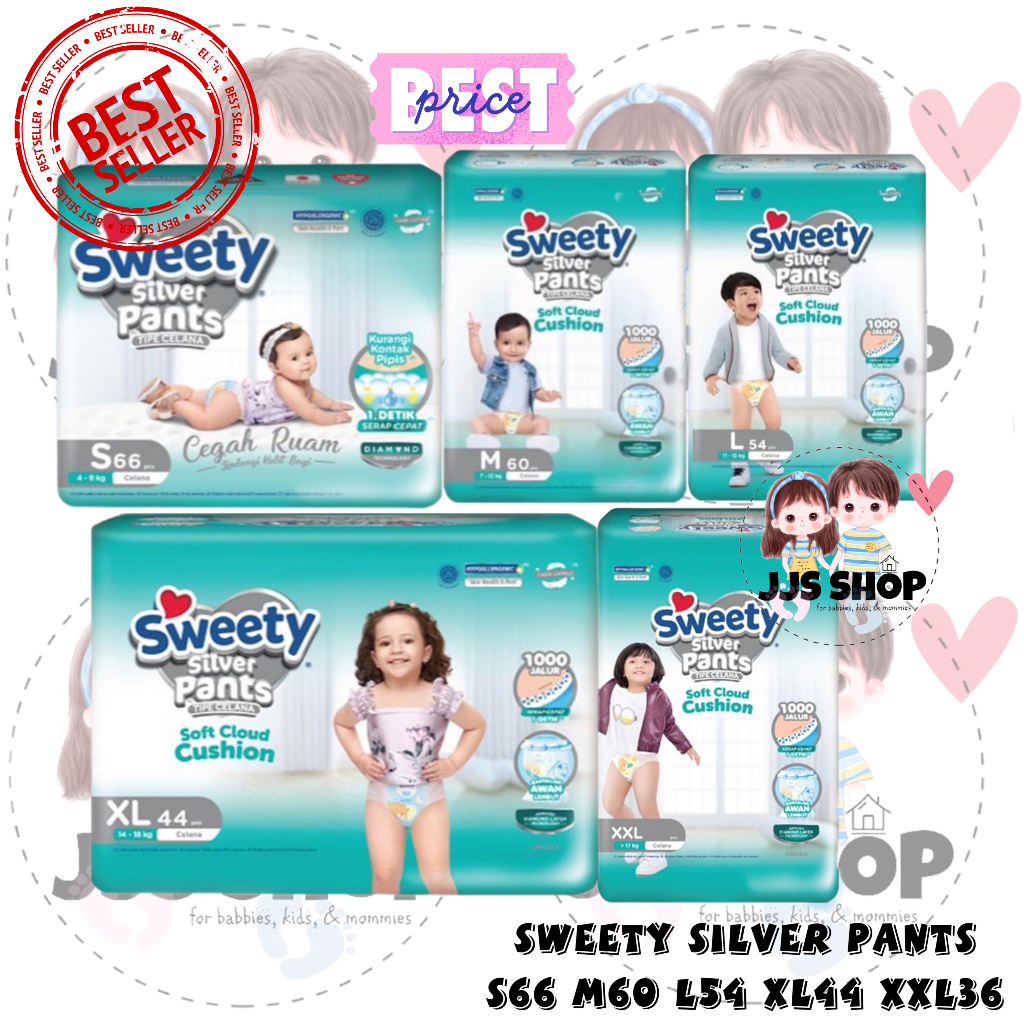 SWEETY SILVER PANTS S66 M60 L54 XL44 XXL36 S32 M30 L28 XL26 XXL24 / Popok Bayi Sekali Pakai Jumbo Pack