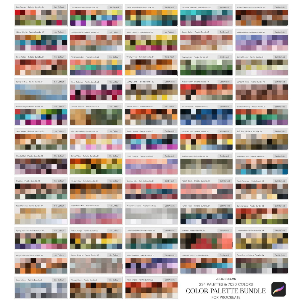 Procreate Swatches - 234 Color Palettes Bundle 7020 Colors