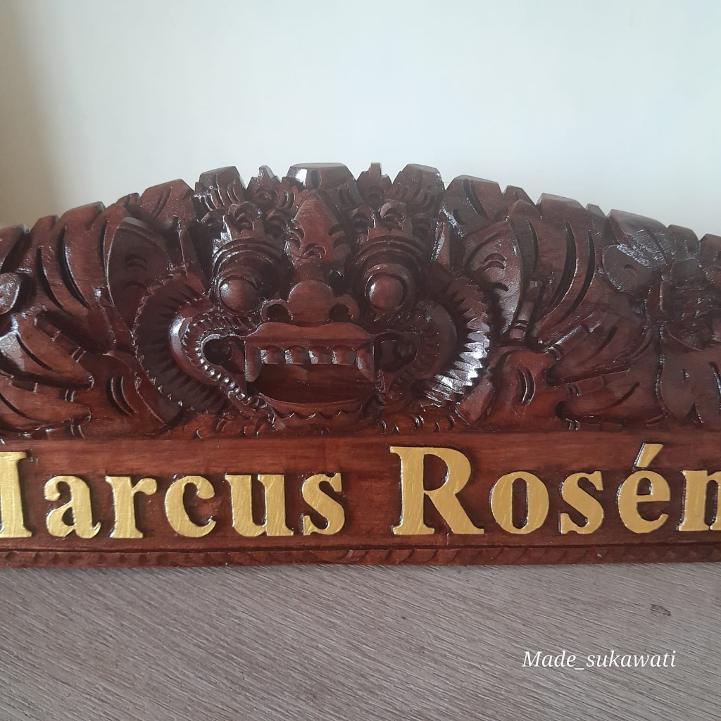 Papan nama meja Nameplate Kayu ukiran barong bali