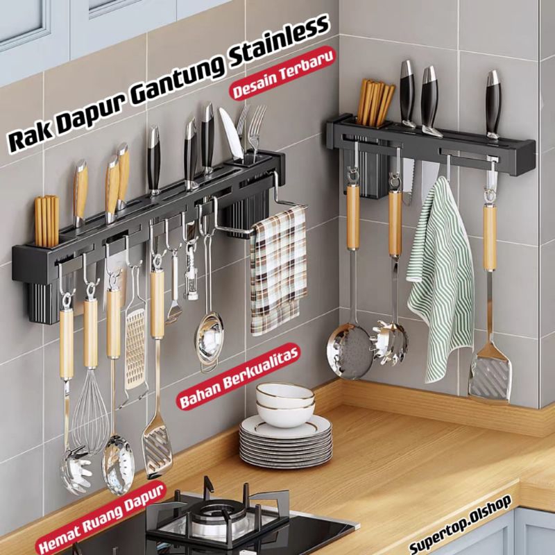 Rak Pisau Dinding Dapur Stainless Steel Rak Gantung Dapur Multifungsi Rak Tempel Tanpa Bor⭐ Supertop ⭐