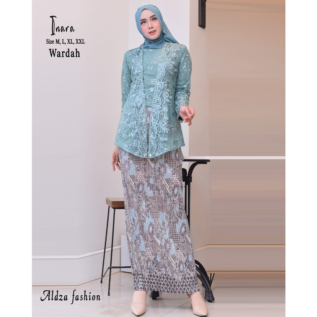 PROMO Set Kebaya Kutu Baru Modern Hijab / Kebaya Kutubaru Brokat Tile / Kebaya Kutubaru Remaja Bordir Set Rok Plisket Panjang Inara