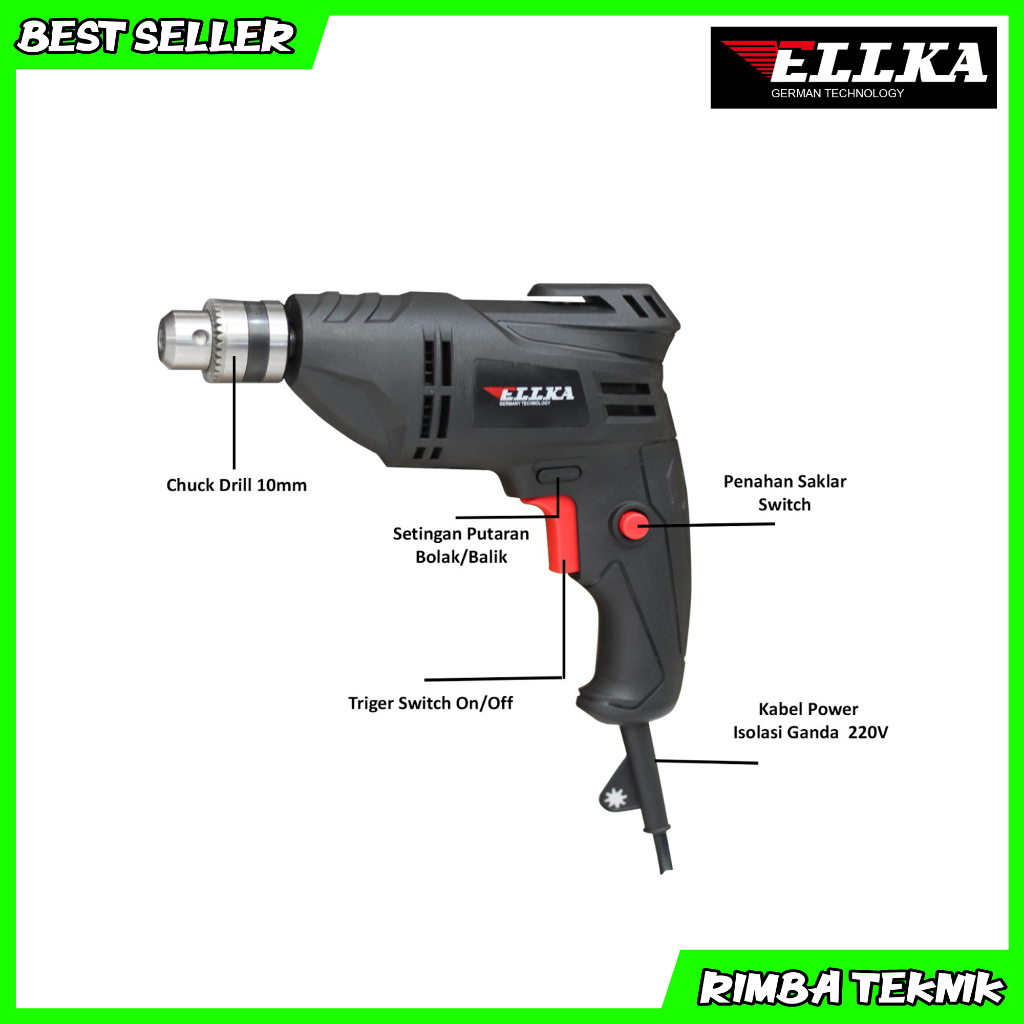 ELLKA Paket Bor dan Gerinda Set Koper M3esin Bor Kayu 10mm dan Gerinda Tangan 4 Inch Combo Set Murah Germany Technology