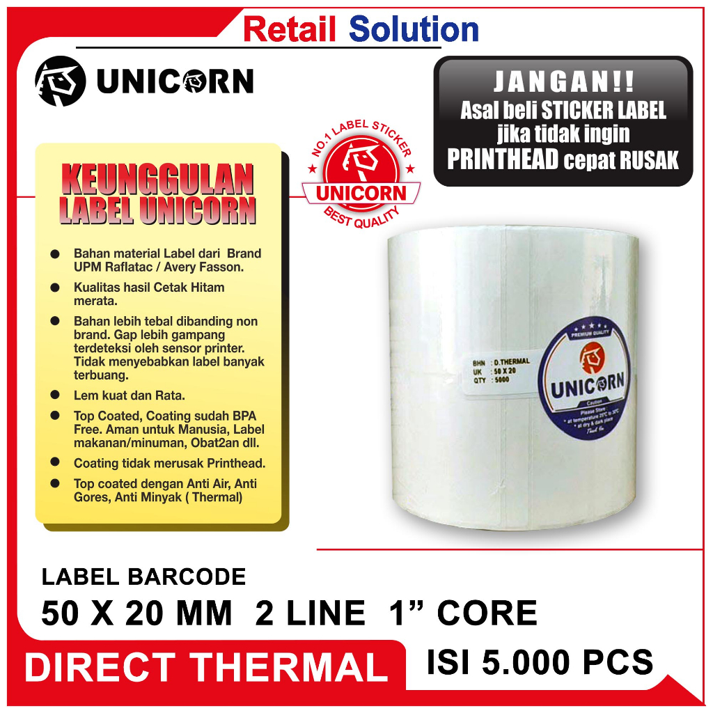 Stiker Label Barcode Thermal 50x20 / 50 x 20 / 50x20mm isi 5000 2 Line