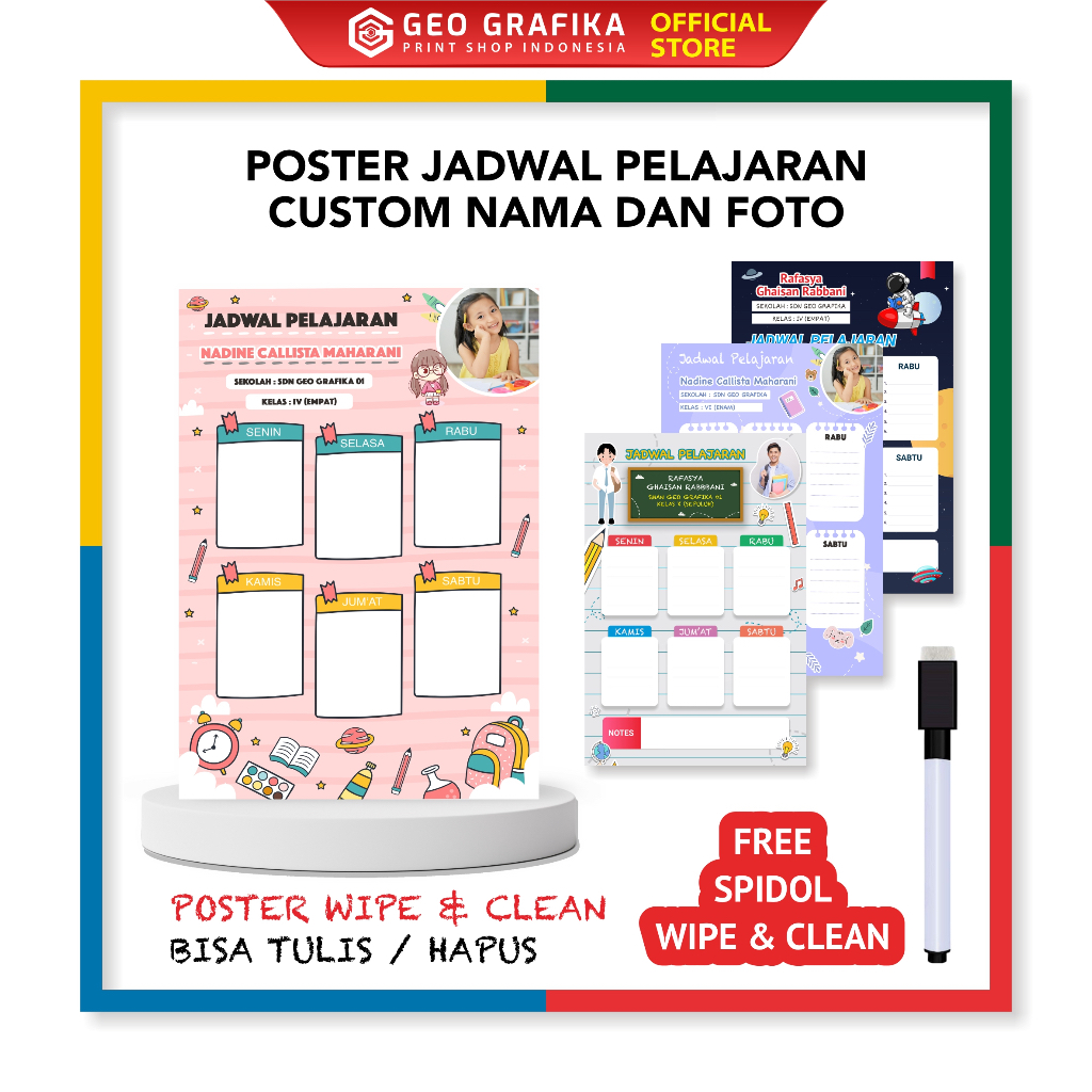 

Poster Jadwal Pelajaran Custom Nama & Foto Wipe & Clean - Geo Grafika